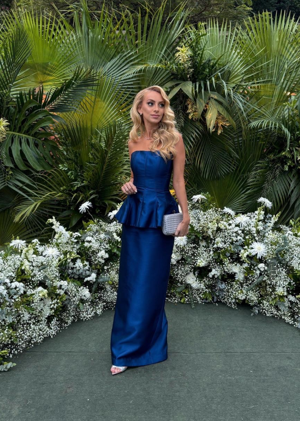 High-class Navy Blue Sheath Strapless Satin Long Prom Dress Evening Dress DP6220