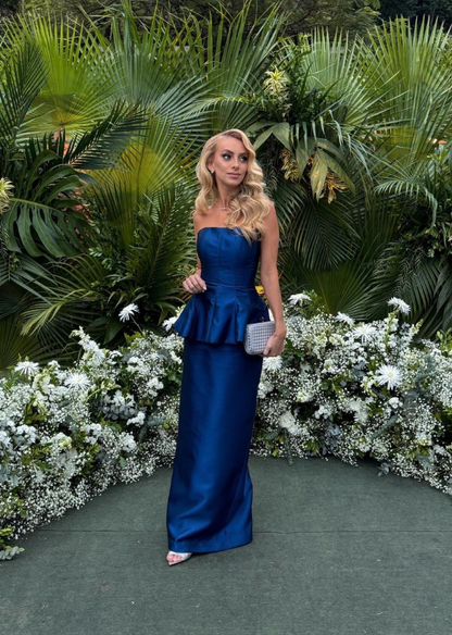 High-class Navy Blue Sheath Strapless Satin Long Prom Dress Evening Dress DP6220
