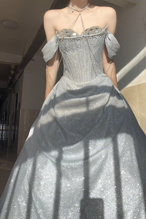 Silver Shiny A Line Off the Shoulder Beaded Sequin Prom Dress Graduation Ball Gown DP4568