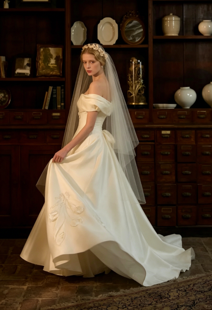 Princess Ball Gown Off the Shoulder Beaded Satin Long Prom Dress Wedding Dress DP3922