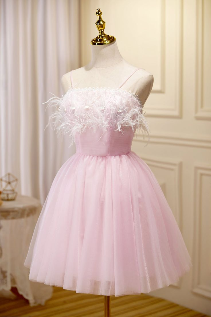 Cute Pink Tulle Feathers Homecoming Dress Straps Short Prom Dress DP559