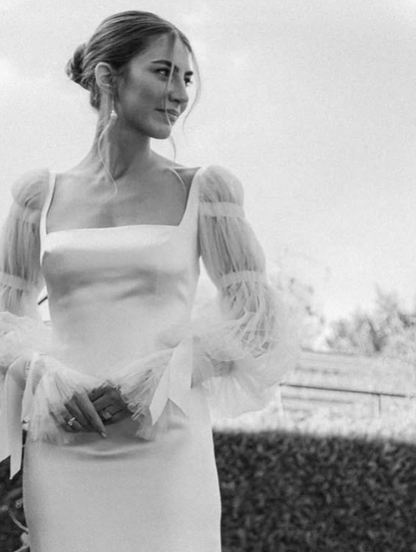 Stunning A Line Long Sleeve Tulle Satin Long Sweep Wedding Dress DP5224