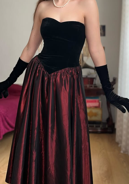 Vintage A Line Strapless Black Velvet Burgundy Satin Prom Dress Evening Dress DP5724