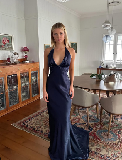 Navy Blue Sheath V Neck Satin Open Back Long Sweep Prom Dress Graduation Prom Dress DP2166
