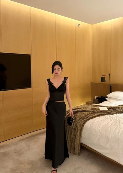 Black Two Piece A Line Straps Lace Satin Prom Dress Evening Dress DP5422