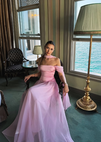 Gentle Pink A Line Off the Shoulder Chiffon Satin Prom Dress Evening Dress Formal Dress DP3212