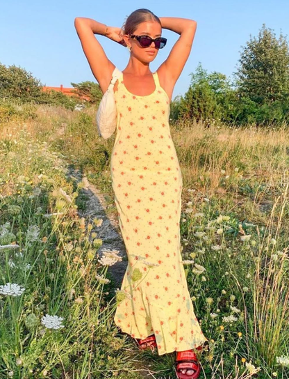 Cute Mermaid Straps Print Floral Yellow Chiffon Outfits DP1459