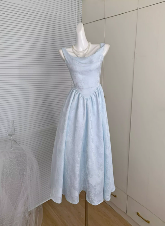 Baby Blue A Line Straps Simple Satin Vacation Dress Prom Dress Outfits DP3549