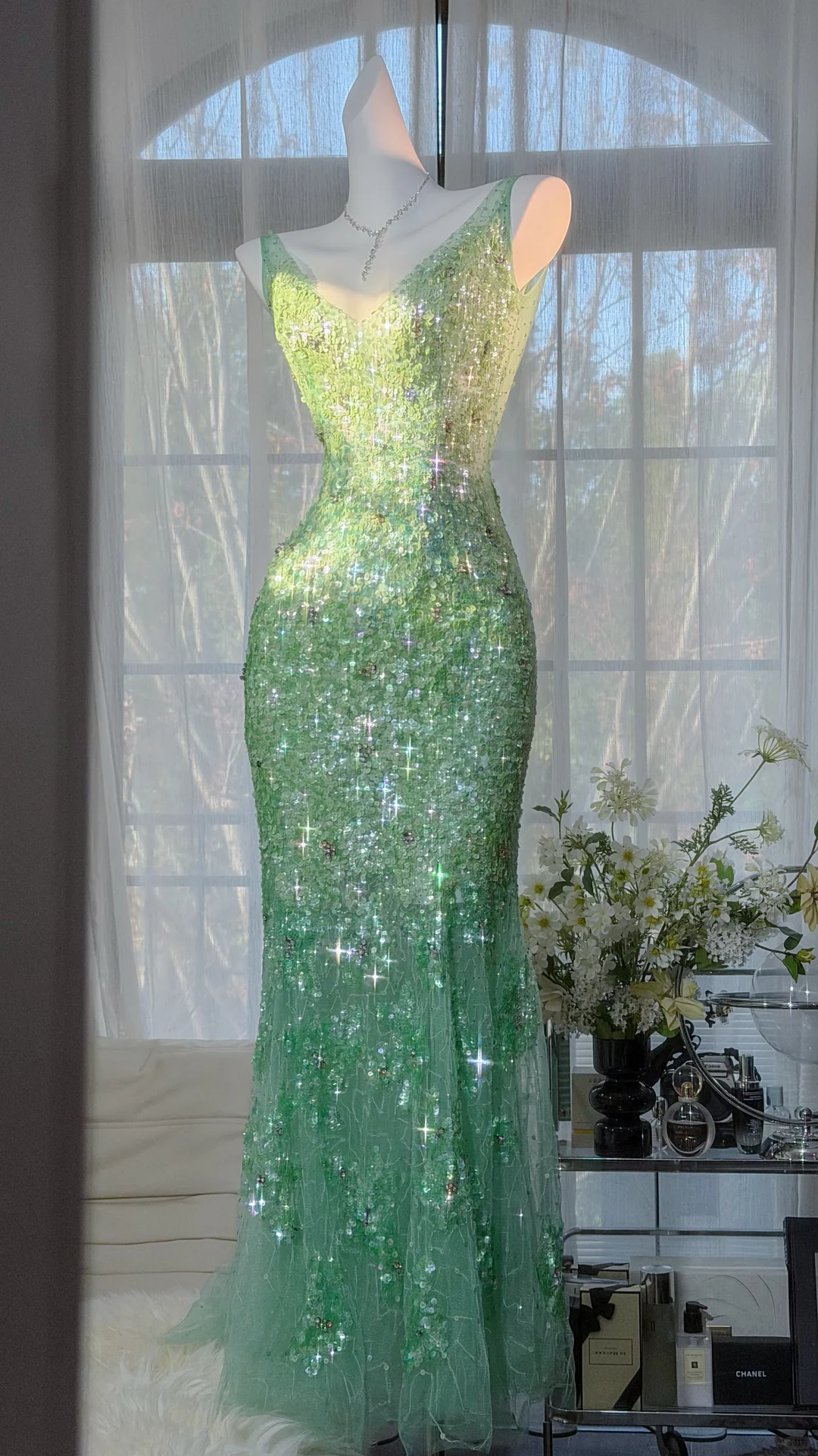 Green Fairy Mermaid V Neck Shiny Sequin Beaded Tulle Backless Graduation Prom Dress DP4942