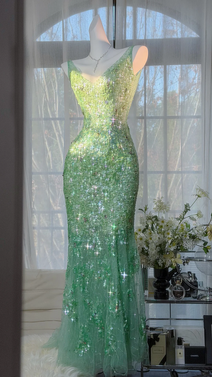 Green Fairy Mermaid V Neck Shiny Sequin Beaded Tulle Backless Graduation Prom Dress DP4942