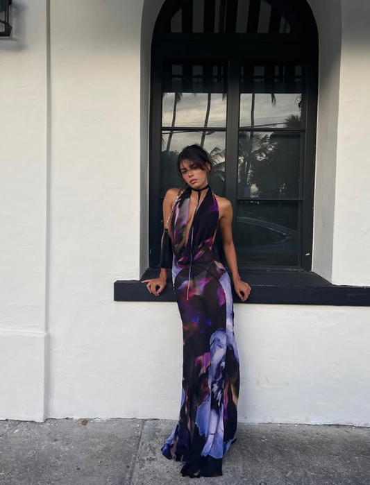 Sexy Sheath Halter Purple Print Floral Chiffon Long Prom Dress Evening Dress DP3827