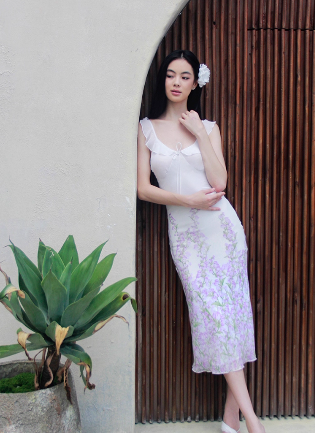 Dreamy Sheath Spaghetti Strap Purple Floral Chiffon Evening Dress Party Dress Outfits DP3422