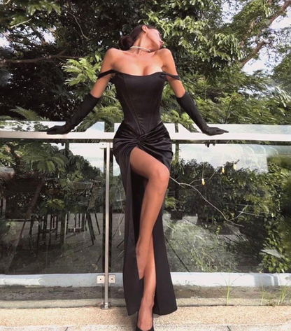 White Sheath Off the Shoulder Satin Long Prom Dress Evening Dress with High Slit DP4265