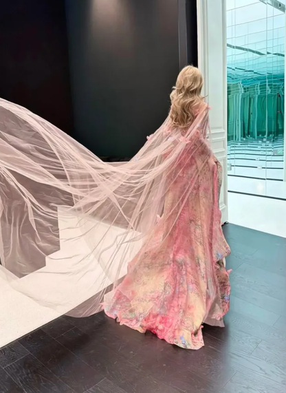 Sweety Pink Ball Gown Print Floral Chiffon Prom Dress Quinceanera Dress DP6614