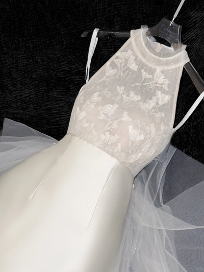 Gorgeous Mermaid Halter Appliques White Satin Tulle Long Sweep Prom Dress Wedding Dress DP2573