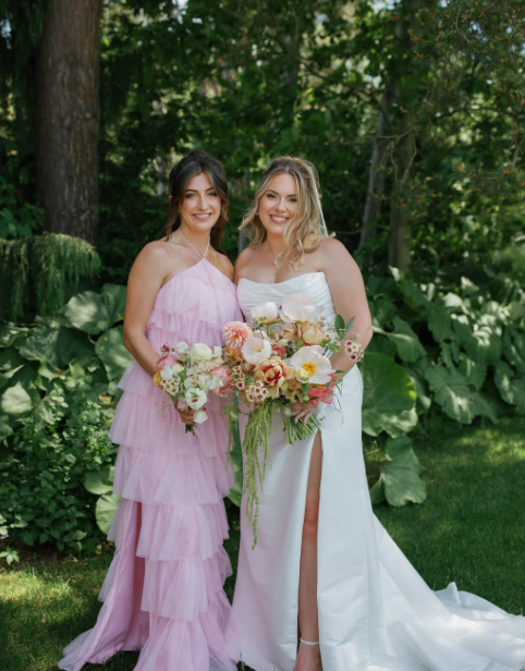Sweety Pink A Line Halter Layered Tulle Long Bridesmaid Dress with Slit DP4967