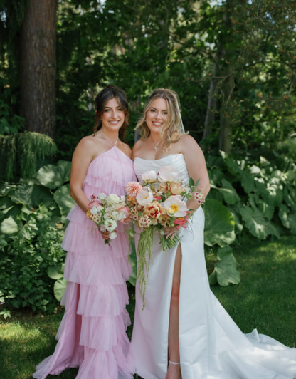 Sweety Pink A Line Halter Layered Tulle Long Bridesmaid Dress with Slit DP4967