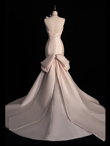 Elegant Mermaid Strapless Beaded Long Sweep Satin Long Prom Dress Formal Dress with Bow DP3238