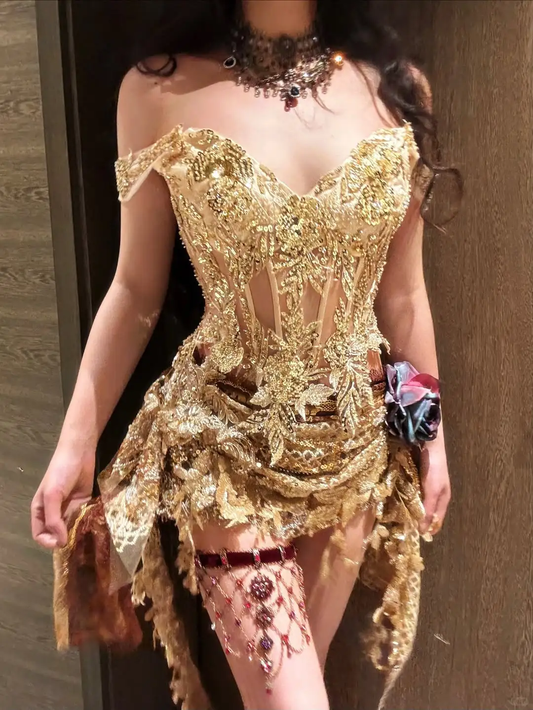 Golden A Line Straps Exquisite Sequin Short Homecoming Dress DP4582