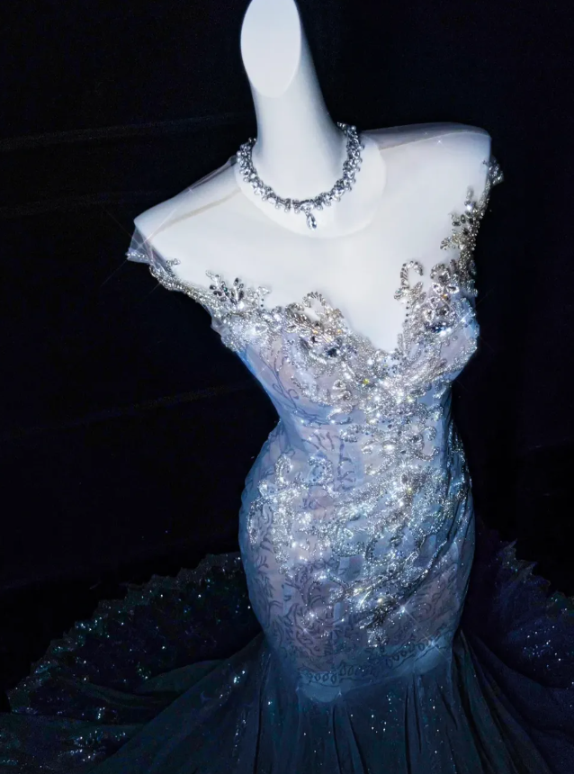 Dreamy Mermaid V Neck Blue Beaded Tulle Long Prom Dress Evening Dress DP2732