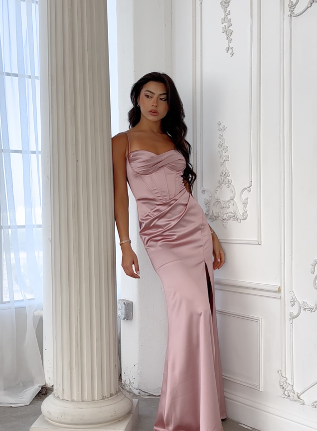 Beautiful Pink Sheath Spaghetti Strap Satin Prom Dress Evening Dress Date Dress DP6187