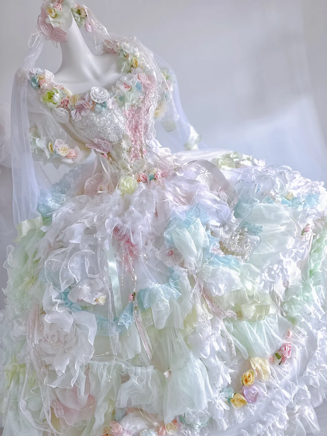 Green Ball Gown Puff Beaded Floral Tulle Prom Dress 16th Birthday Dress DP3792