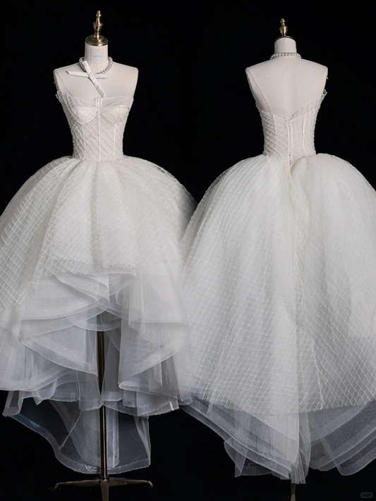 Unique A Line Strapless White Tulle Prom Dress Graduation Prom Dress DP2104