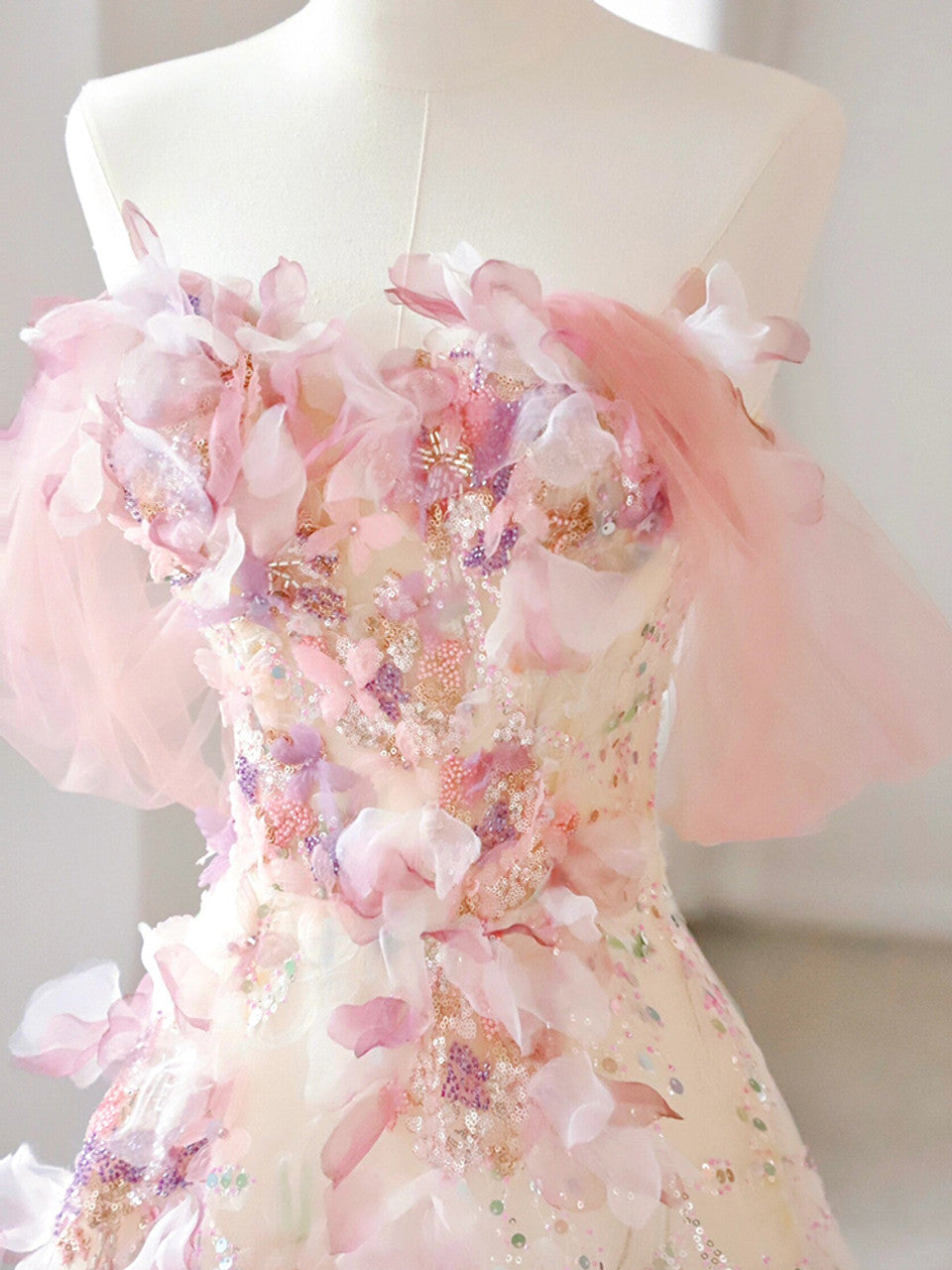 A Line Off the Shoulder Pink Sequins 3D Flower Tulle Long Prom Dress DP1432
