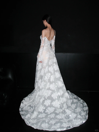 Beautiful A Line Long Sleeve Sequin Lace Long Train Wedding Dress DP6367