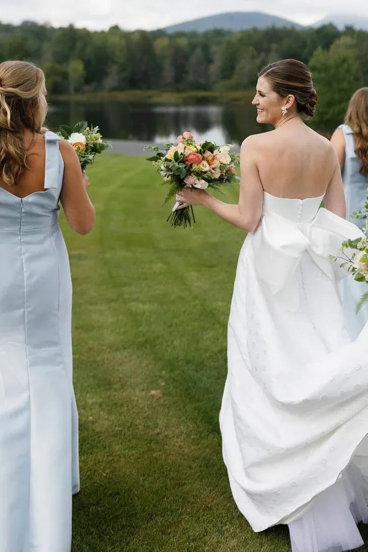 Mermaid Straps Bows Pleats Satin Sleeveless Long Bridesmaid Dress with Slit DP5553