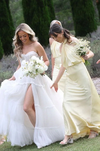 Yellow Halter Sheath Long Bridesmaid Dress with Twist Knot DP5556