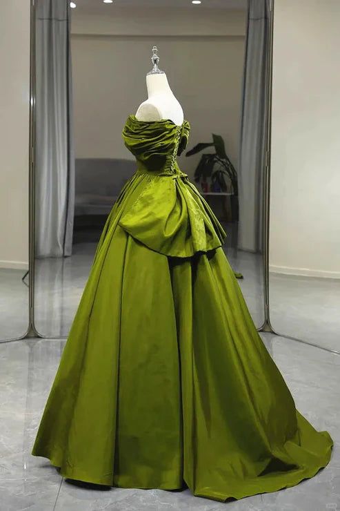 Green A Line Off the Shoulder Satin Long Party Dress  Evening Dress DP1113