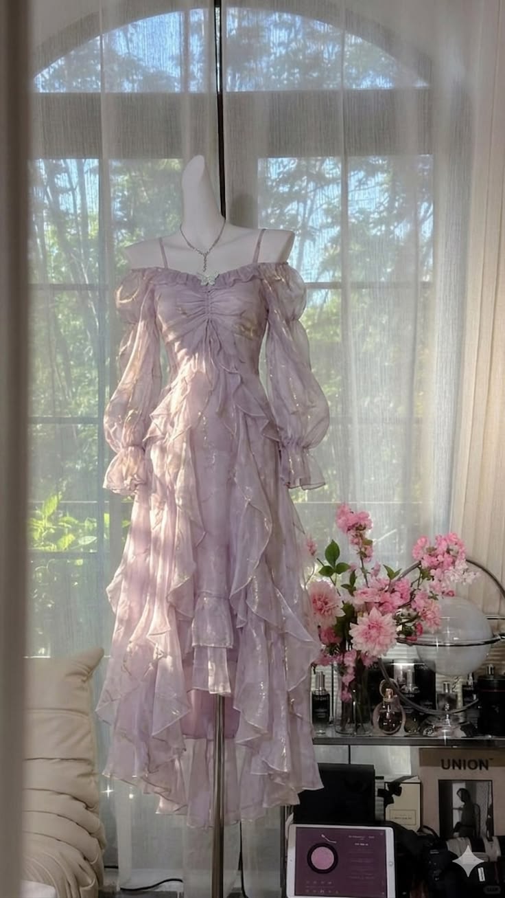 Lilac A Line Long Sleeve Ruffle Chiffon Prom Dress Party Dress DP5819
