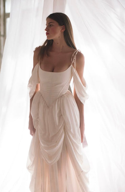 Gentle White A Line Off the Shoulder Chiffon Satin Birthday Dress Wedding Dress DP3033