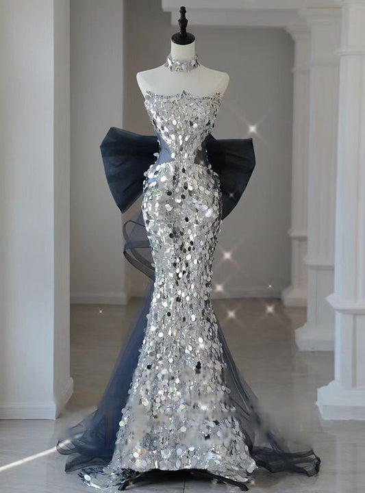 Shiny Silver Sequin Mermaid Bow Tulle Long Prom Dresses Evening Gowns Party Dress DP3044