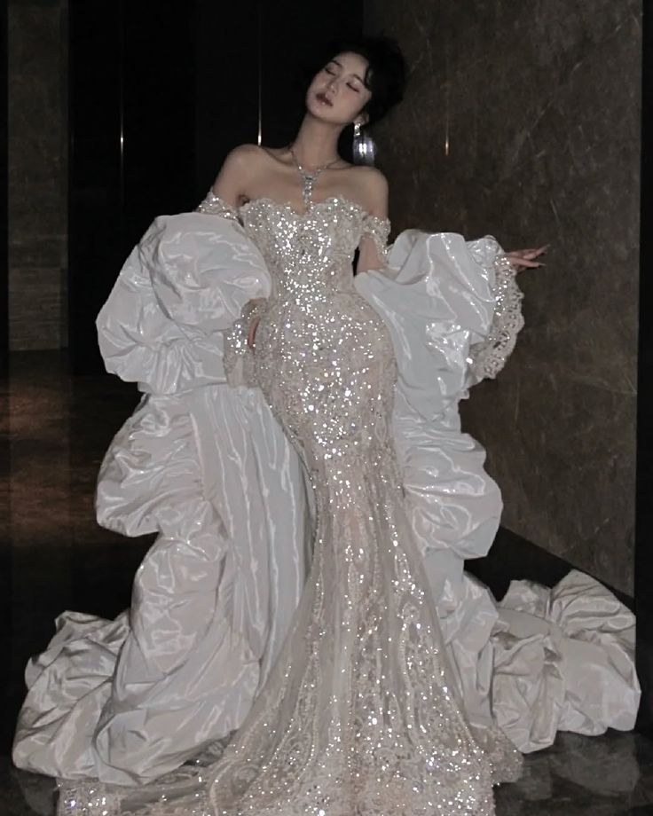 Stunning Mermaid Off the Shoulder Sequin Beaded Tulle Satin Wedding Dress Prom Dress DP4166