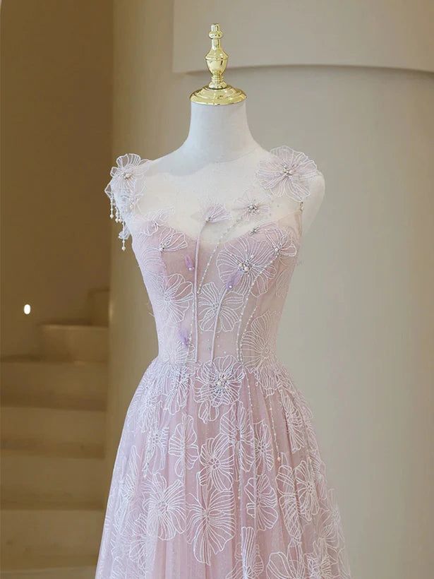Light Pink A Line Spaghetti strap Flower Applique Lace Tulle Long Prom Dress DP756