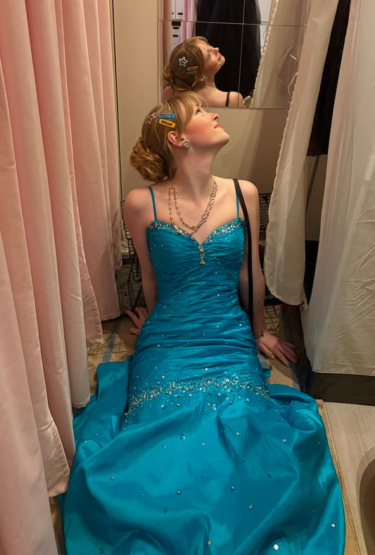 Vintage Blue A Line Spaghetti Strap Exquisite Beaded Satin Long Prom Dress DP8134