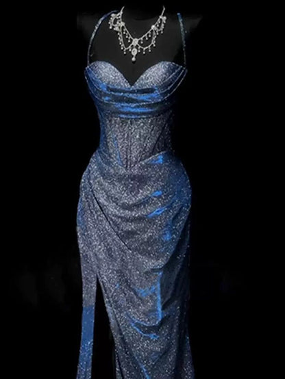 Classy Mermaid Spaghetti Straps Navy Blue Sequin Long Evening Gowns Prom Dress DP3310