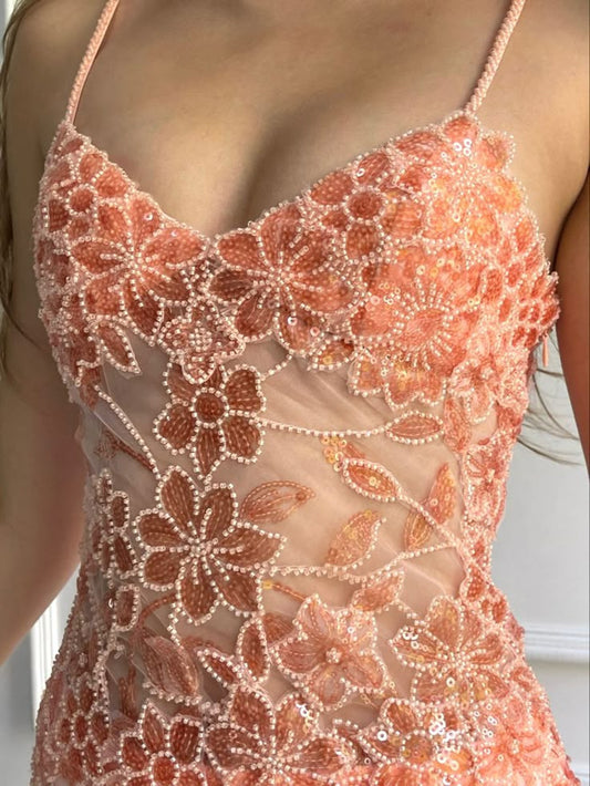 Exquisite Sheath Spaghetti Strap Sequin Beaded Tulle Short Homecoming Dress DP2847