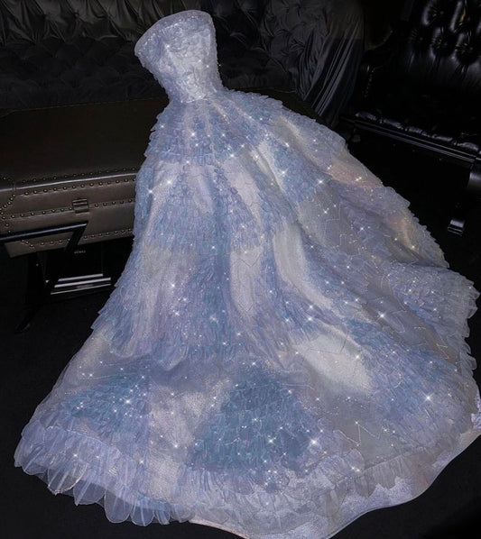 Stunning A Line Strapless Layered Beaded Blue Tulle Long Prom Dress Evening Dress DP2865