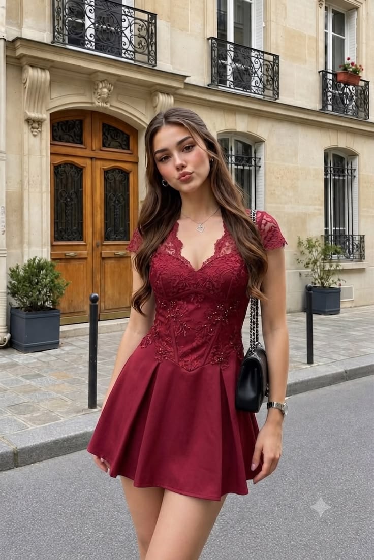 Burgundy A Line V Neck Beaded Lace Satin Short Homecoming Dress Outfits DP6878