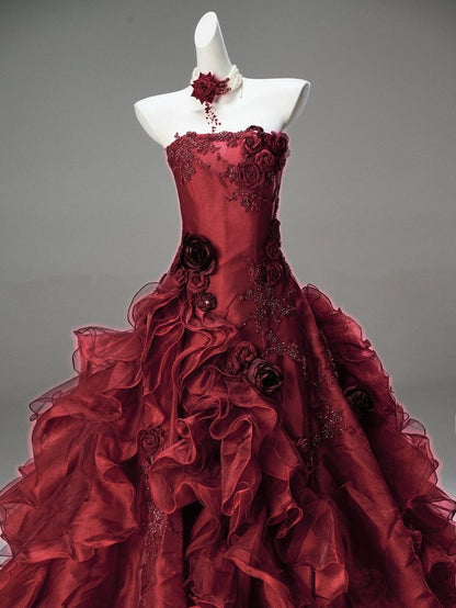 Princess Burgundy Ball Gown 3D Floral Beaded Ruffle Organza Prom Dress 16th Birthday Dress DP5392