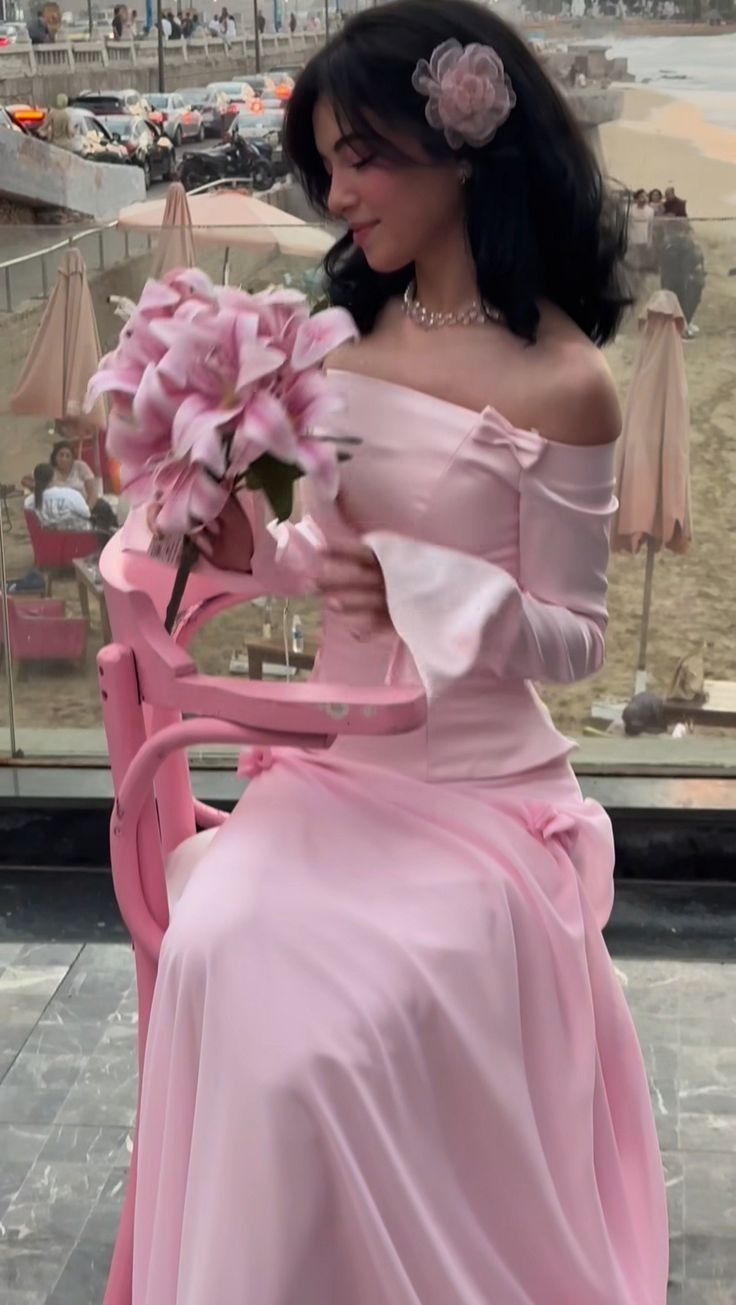 Two Piece Pink Bow A Line Long Sleeve Chiffon Satin Prom Dress 16th Birthday Dress DP3955
