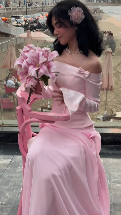 Two Piece Pink Bow A Line Long Sleeve Chiffon Satin Prom Dress 16th Birthday Dress DP3955