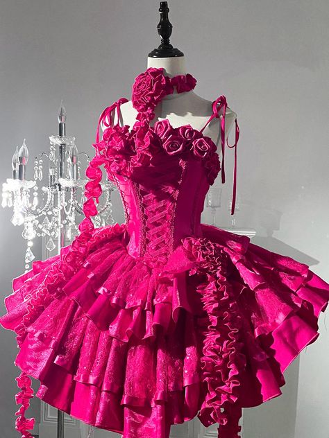Pink Roses Neckline Lolita Goth Boning Dress Sequins Tiered Ruffle Dress DP4069