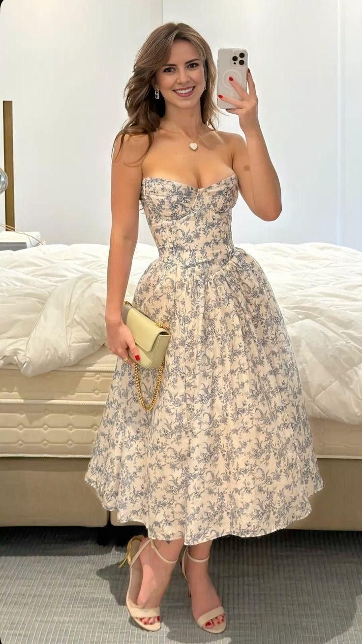 Blue Print Floral A Line Sweetheart Neck Satin Homecoming Dress Outfits DP3938