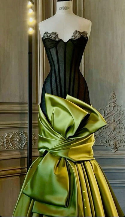 Cute Mermaid Sweetheart Neck Black Tulle Green Satin Long Prom Dress Graduation Prom Dress DP2054