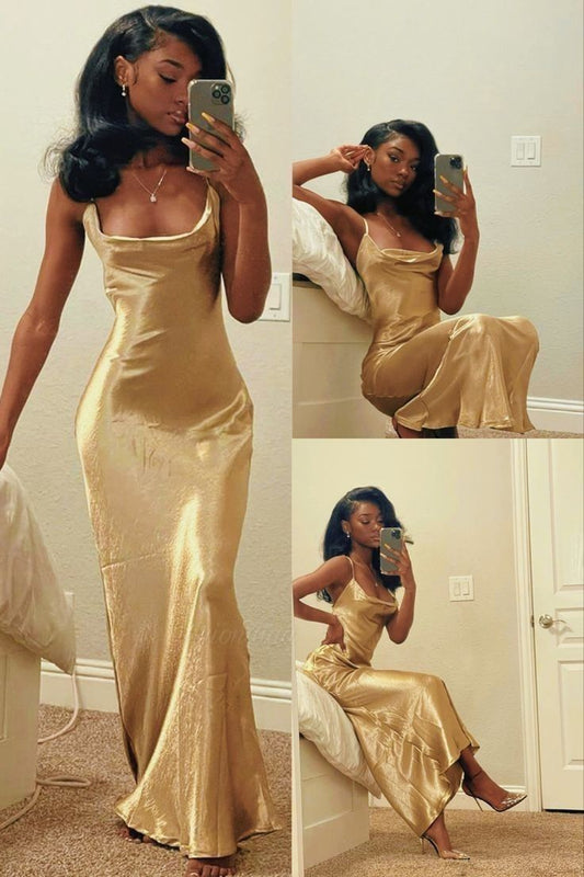 Golden Sheath Spaghetti Strap Satin Open Back Prom Dress Outfits DP3981