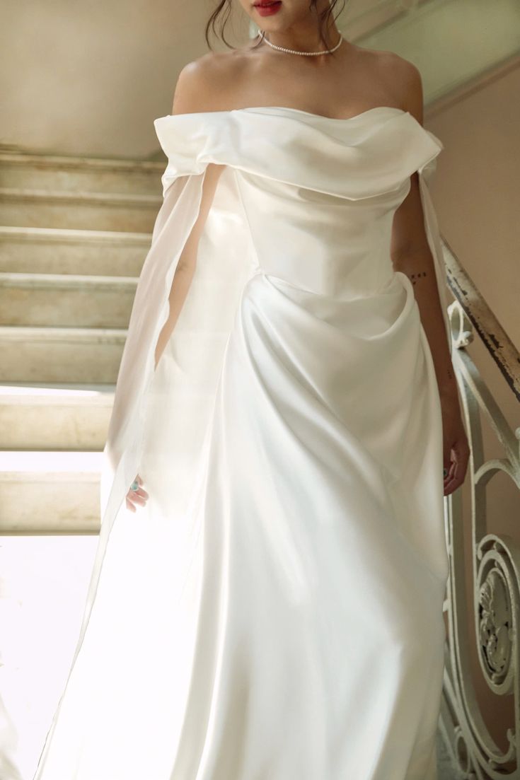 Gentle A Line Off the Shoulder White Pleated Tulle Satin Wedding Dress DP6841